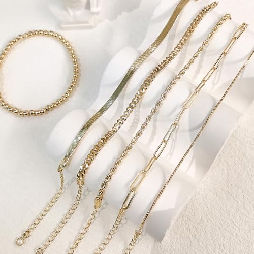 HERIER Gold Bracelets for Women 18k Gold Plated Bracelet Stack Bangle Cuff Bracelet Set for Women Non Tarnish Beaded/Paperclip/Cuban Link Chain Bracelets Jewelry for Women Trendy - style: Bangle Rope3-Gold