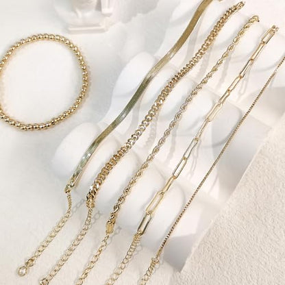 HERIER Gold Bracelets for Women 18k Gold Plated Bracelet Stack Bangle Cuff Bracelet Set for Women Non Tarnish Beaded/Paperclip/Cuban Link Chain Bracelets Jewelry for Women Trendy - style: Bangle Rope3-Gold