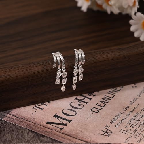 Dangle Earrings for Women,14k Gold Plated Triple Huggie Stud Earrings Cute Statement Chain Earring Dainty Drop Earrings for Women Trendy Gold Plated Jewelry - color: silver -dangle 4