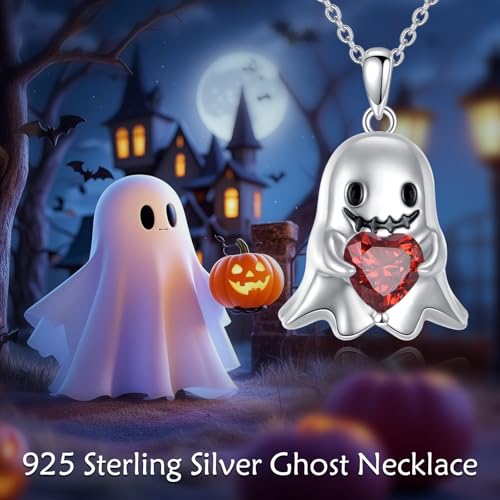 Halloween Necklace 925 Sterling Silver Black Rose Rib Cage Heart Pendant Necklace Halloween Jewelry Gifts for Women Gothic Party - style: Ghost