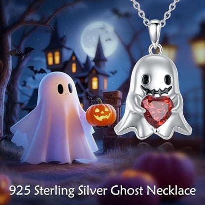 Halloween Necklace 925 Sterling Silver Black Rose Rib Cage Heart Pendant Necklace Halloween Jewelry Gifts for Women Gothic Party - style: Ghost