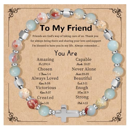 Natural Stone Stretch Bracelet for Women - Holy Water Elastic Cross Bracelet | Christmas Christian Baptism Gift, Meaningful Gifts, Unique Gift for Friends Mom Daughter Sister - style: cross-To My Friend
