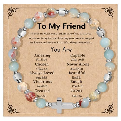Natural Stone Stretch Bracelet for Women - Holy Water Elastic Cross Bracelet | Christmas Christian Baptism Gift, Meaningful Gifts, Unique Gift for Friends Mom Daughter Sister - style: cross-To My Friend