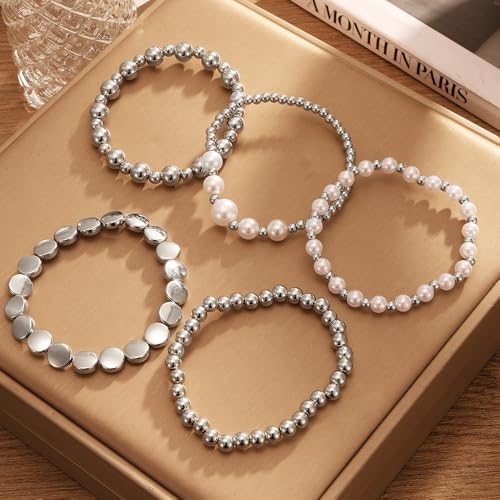 KISS WIFE Gold Beaded Bracelets for Women, Stackable Stretch Bracelet Set | 13 stretch bracelets combine polished gold-tone beads and faux pearls for stacked or individual everyday styling. - color: Silver