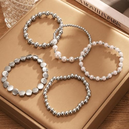 KISS WIFE Gold Beaded Bracelets for Women, Stackable Stretch Bracelet Set | 13 stretch bracelets combine polished gold-tone beads and faux pearls for stacked or individual everyday styling. - color: Silver