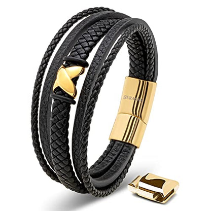 SERASAR Premium Leather Bracelet Men | Stainless Steel Magnetic Clasp | Three Colors | Jewelry Box Included - color: Gold, size: 17cm, style: Flake