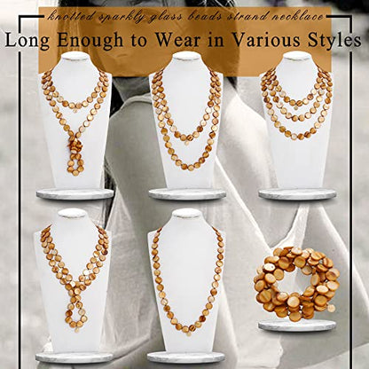 Firstmeet Flat Round Coin Shell Beads Long Knotted Necklace Natural Mother of Pearl Handmade Jewelry For Women - color: Bronze