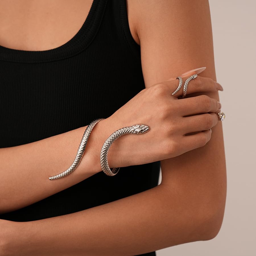 Gold/Silver Snakes Jewelry for Women Goth Snake Bracelet Ring Set Open Adjustable Snake Ring Halloween Prom Jewelry Costume Accessories Emo Accessories - color: Silver1