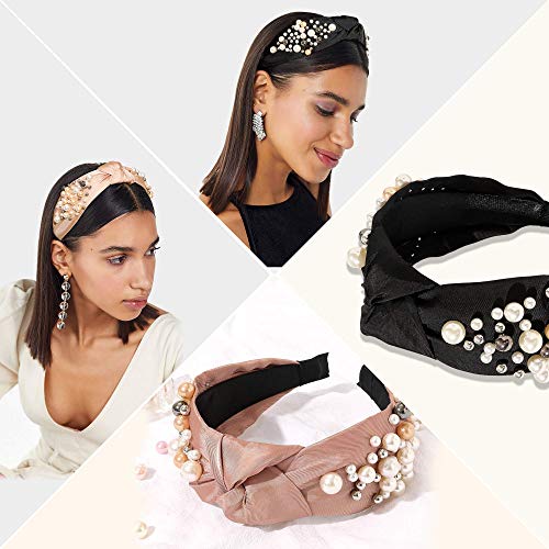 Ivyu Headbands - Knotted Pearl Diademas Para Mujer De Moda Hair Accessories Hairbands for Girls No Slip Fashion Cute Top Knot Headband Gift for Women Black Pink Gold - color: Black Pink Beige