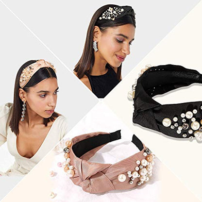 Ivyu Headbands - Knotted Pearl Diademas Para Mujer De Moda Hair Accessories Hairbands for Girls No Slip Fashion Cute Top Knot Headband Gift for Women Black Pink Gold - color: Black Pink Beige