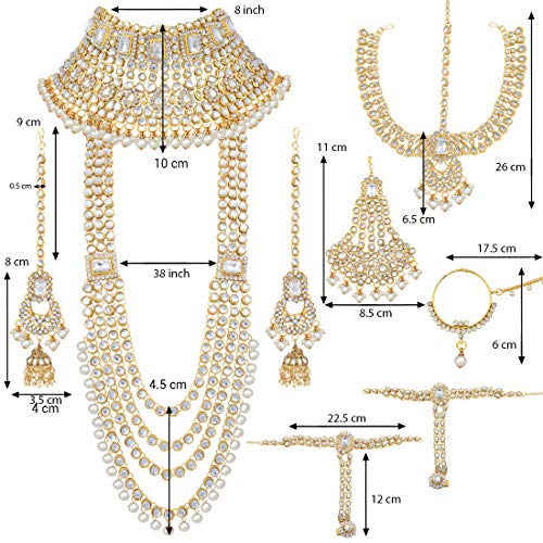 Aheli Traditional Wedding Indian Bharatanatyam jewellery set Long Choker Necklace Earrings Maang Tikka Nath Paasa Hath Phool for Women - color: White-1