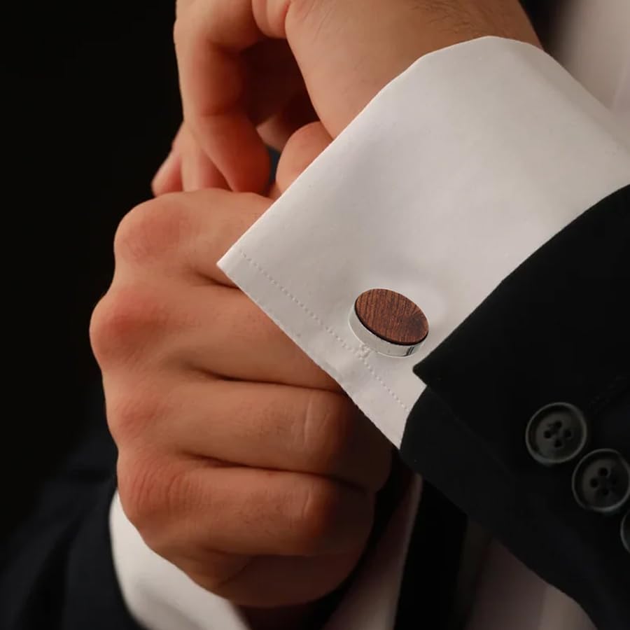 ARFUKA Round Wooden Black Copper Cufflinks Set for Men Handcrafted Elegant Shirt Studs & Jewelry Accessories