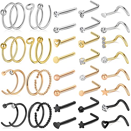 35-70 PCS 18G 20G Nose Rings for Women & Men - Gold Hoops, L Shape, Studs & Screw - 316L Surgical Stainless Steel - color: Color C-40pcs