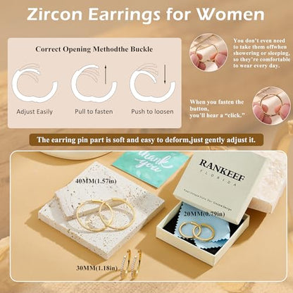 RANKEEF Gold/Silver Hoops Earrings For Women Hypoallergenic | S925 Silver Hoop Earings Lightweight Gold Hoops Gold Rhinestone Earring With Cubic Zirconia 20/30/40mm - color: Gold-20mm