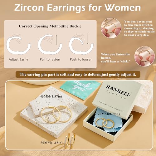 RANKEEF Gold/Silver Hoops Earrings For Women Hypoallergenic | S925 Silver Hoop Earings Lightweight Gold Hoops Gold Rhinestone Earring With Cubic Zirconia 20/30/40mm - color: Gold-40mm