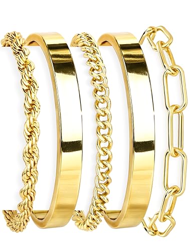 Gokeey Gold Bracelets Set for Women Non Tarnish, Waterproof 14K Gold Plated Sterling Silver Chunky Cuff Bracelet Stackable Gold Bangles Bracelet for Women Trendy Fashion Accessories Tie Knot Cuban Rope Paperclip Beaded Bracelet Stack Jewelry Mothers Day G