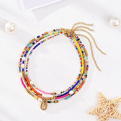 Wellike Freshwater Pearl Beaded Necklace for Women Handmade Boho Colorful Glass Beads Choker Necklace Stainless Steel 18K Gold Plated Bohemian Women Summer Jewelry Gifts - color: KKWX919AMZ