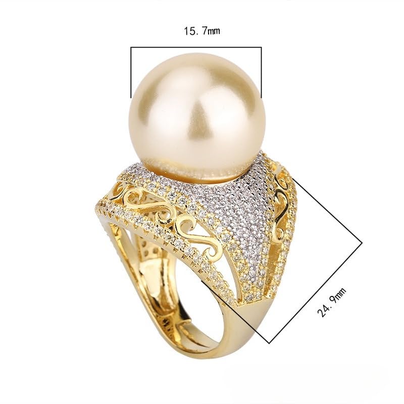 Large Cream South Sea Faux Pearl Statement Ring Hollow Scroll Micro Pave Crystal Adjustable Open Band For Women Formal Cocktail Jewelry