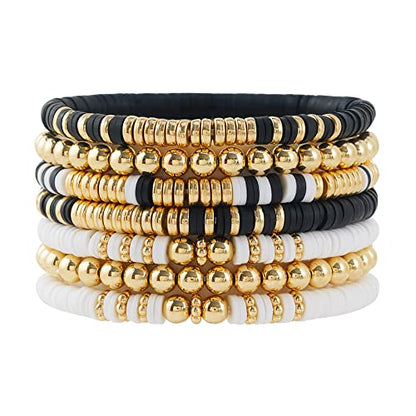 Summer Surfer Heishi Bracelet Set for Women Stackable Gold Plated Clay Ploymer Bead Stretch Pink Beach Layering Bracelets Jewelry - color: A-black&white 7pcs