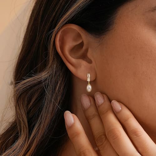 Pearl Earrings for Women:Gold Wedding Dangle Drop Earring Pearl Jewelry | 14K Gold Plated Pearl Drop Earrings for Women,Dainty Wedding Bride Earring Studs,Gold Dangle Drop Earring,Waterproof Jewelry - size: 1 pcs-18