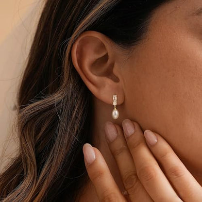 Pearl Earrings for Women:Gold Wedding Dangle Drop Earring Pearl Jewelry | 14K Gold Plated Pearl Drop Earrings for Women,Dainty Wedding Bride Earring Studs,Gold Dangle Drop Earring,Waterproof Jewelry - size: 1 pcs-18