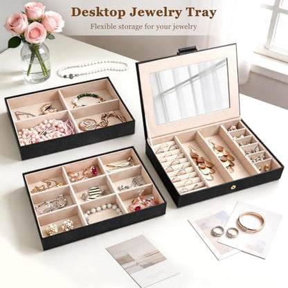 Stackable Jewelry Organizer Trays, 3-Layer jewelry drawer organizer, Perfect for Women and Girls to Store Necklaces, Rings, Bracelets, Earrings, Watches with Removable Dividers for Dresser & Vanity