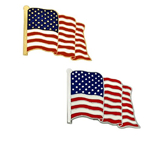 PinMart American Flag Lapel Pins - Set of 2 – Made in USA – Brass with Hard Enamel – Gold-colored & Nickel-Plated – 7/8"x5/8" & 1"x3/4" – Clutch Back – Ideal for Hats, Lapels & Gifts - color: Waving Gold colored and Nickel Plated