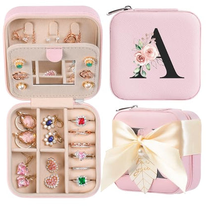 AYGXU Travel Jewelry Box for Women and Girls - Small Case With Initial A-Z - Teacher Gifts - color: pink, size: A