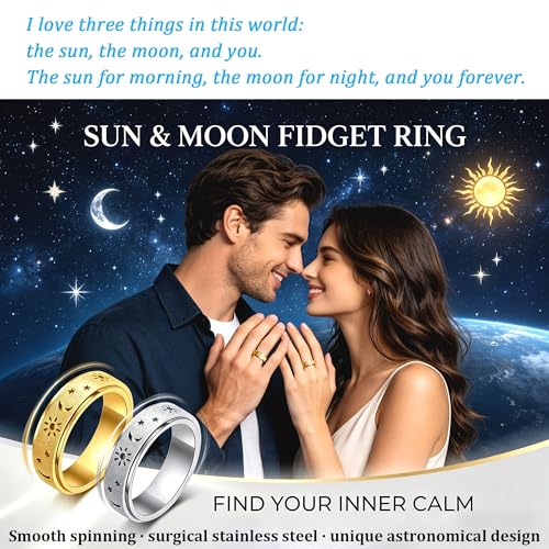 Fidget Toys Adults Anxiety Ring Women Men Stress Relief Band Spinner Thumb | Celestial Sun Moon Star Stainless Steel Statement Band Hollowed Sandblasted Surface 6mm Width18K Gold Silver Size 6-10 Unisex - color: Gold, size: Size 6