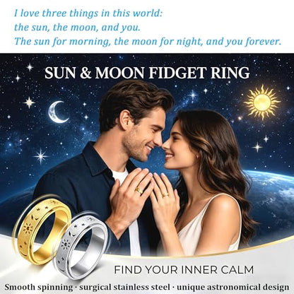 Fidget Toys Adults Anxiety Ring Women Men Stress Relief Band Spinner Sun | Celestial Sun Moon Star Stainless Steel Band Hollowed Sandblasted Surface 6mm Width18K Gold Silver Size 6-10 Unisex - color: Gold, size: Size 9