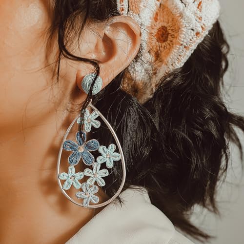 Boho Raffia Flower Teardrop Earrings Cute Colorful Dangle Trendy Jewelry | Floral Drop Statement Big Dangling Earring Hypoallergenic Gold Fun Unique Summer Spring Beach Vacation Outfits for Women - color: Blue
