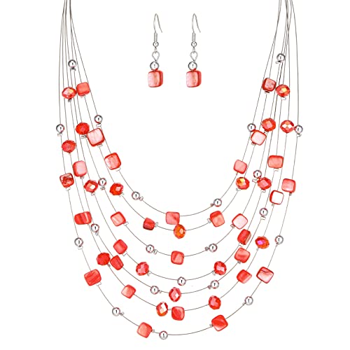 Multi-Layer Boho Shell Beaded Necklace for Women Colorful Crystal Strand with Silver Beads Statement Collars Necklace and Earrings Costumes Jewelry Sets for Women - color: Red