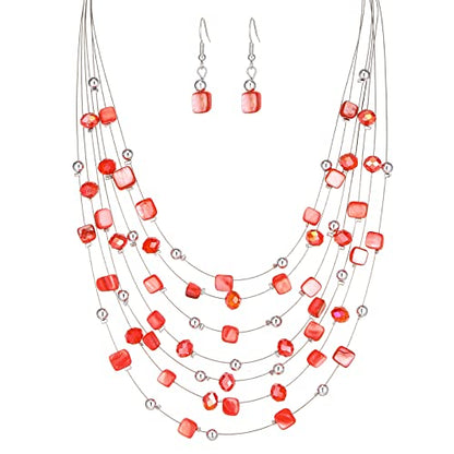 Multi-Layer Boho Shell Beaded Necklace for Women Colorful Crystal Strand with Silver Beads Statement Collars Necklace and Earrings Costumes Jewelry Sets for Women - color: Red
