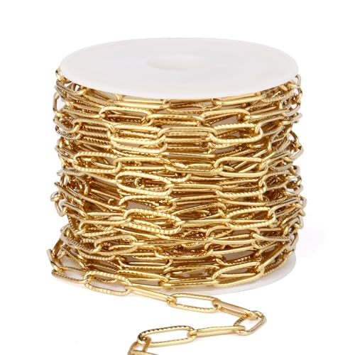 16.5FT Gold Paperclip Chain 4.3mm Stainless Steel Chain for Jewelry Making | 18K Gold PVD Plated Textured Cable Link Chains Roll Bulk for Necklace Bracelet Crafts - color: gold color