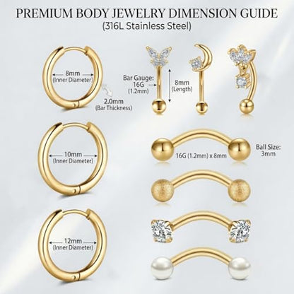 Anicina Rook Curved Barbell Piercing Jewelry Surgical Steel Rook Earrings Eyebrow Rings for Women Horseshoe Rook Eyebrow Septum Piercing Hoop 16G Silver Black - color: A-10pcs-gold