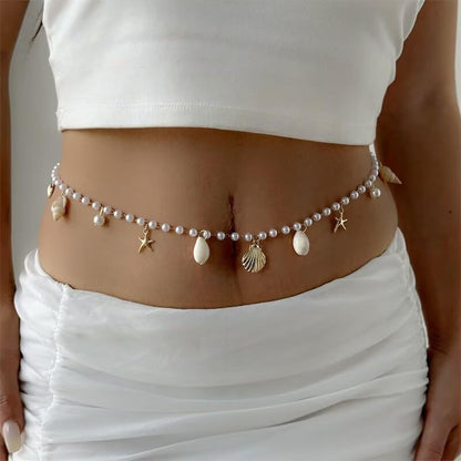 Blue Drop Starfish Waist Chain Belt and Arm Cuff Set for Women Starfish Shell Bracelet Gold Plated Cuff Bangle Arm Boho Holiday Beach Accessories Jewelry - color: Cuff with Pearl Waist Chain