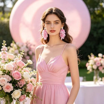 Handmade Bohemian Lightweight Fabric Flower Dangle Drop Earrings Chic Pearl Large Tassel Petal Stud Earrings For Women - color: Light Pink