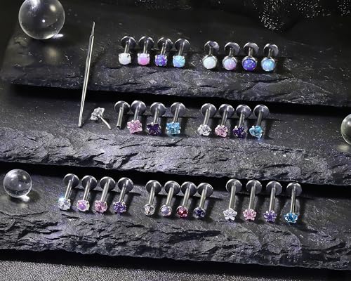 20G 18G 16G Threadless Lip Labret Medusa Monroe Nose Piercing Jewelry Surgical Steel Snake Bites Lip Rings Flat Back Push in Cartilage Tragus Helix Conch Earring Stud 6mm 7mm 8mm 10mm Bars - color: Silver-16G（1.2mm)-6/7/8/10mm Bars-3mm CZ