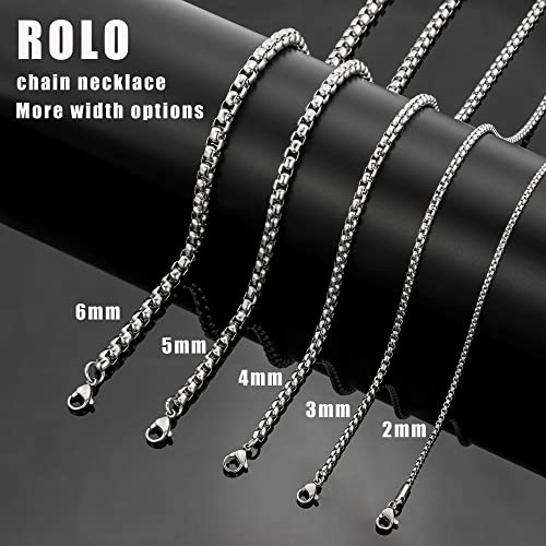 Square Rolo Chain Necklace Stainless Steel Round Box Necklace for Men & Women - size: 16 Inches, style: 3 mm Wide