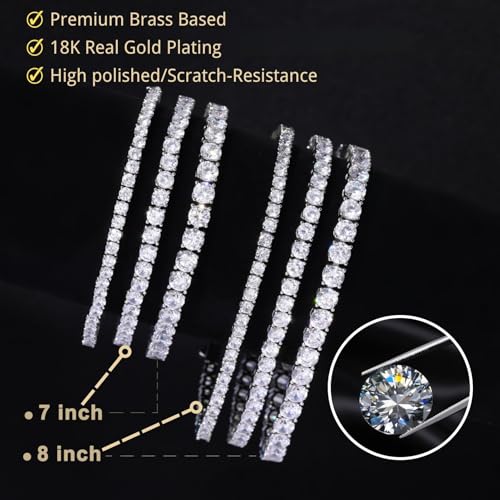 18K Gold Plated Tennis Bracelet for Women Men, 3/4/5mm Iced Out 5A Cubic Zirconia Classic Tennis Chain Bracelets 7 Inches 8 Inches, Diamond Tennis Bracelet Lady Fashion Jewelry - color: Silver, size: 7 Inches, style: 4mm