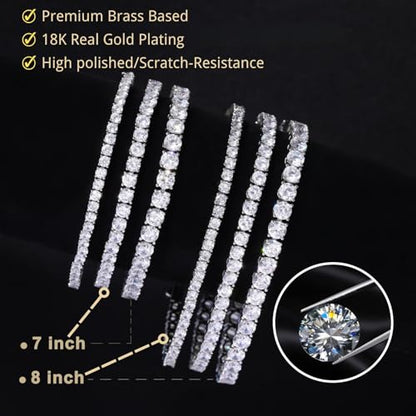 18K Gold Plated Tennis Bracelet for Women Men, 3/4/5mm Iced Out 5A Cubic Zirconia Classic Tennis Chain Bracelets 7 Inches 8 Inches, Diamond Tennis Bracelet Lady Fashion Jewelry - color: Silver, size: 7 Inches, style: 3mm
