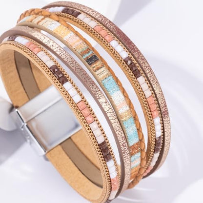 Boho Leather Wrap Bracelets Beaded Stackable Cuff Bracelet Country Concert Outfits Cowboy Cowgirl Western Jewelry Gifts for Women - color: 2layer-Brown
