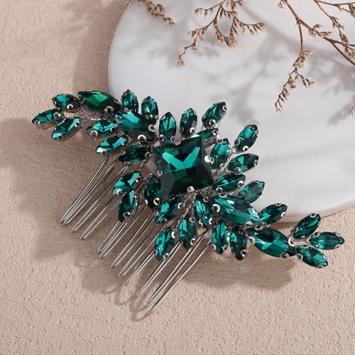 Square Rhinestone Hair Comb Silver Gold Rhinestone Wedding Headpiece Handmade Crystal Bridal Hair Comb Bridal Hairpiece for Brides Bridesmaid (peacock green) - color: peacock green