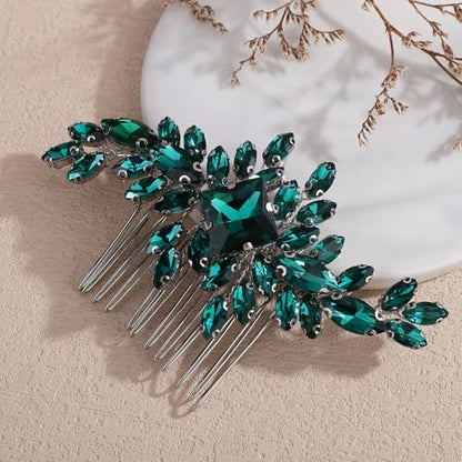 Square Rhinestone Hair Comb Silver Gold Rhinestone Wedding Headpiece Handmade Crystal Bridal Hair Comb Bridal Hairpiece for Brides Bridesmaid (peacock green) - color: peacock green