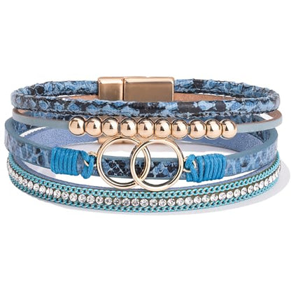 FANCY SHINY Boho Leather Wrap Bracelet Stackable Infinity Chunky Cuff Bracelets Western Hippie Outfits Jewelry Valentine Gifts for Women - color: Snakeskin Blue