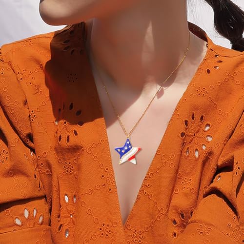 HUJUON American Flag Pendant Necklace Earring Set for Women 4th Of July Butterfly Drop Dangle Hook Earring Independence Day Usa Patriotic Choker Jewelry Gift - color: Star Gold
