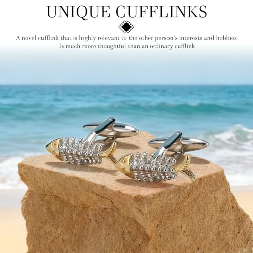 HAWSON Various Unique Cuff Links Mens, Animal/Tactical/Music/Holiday/Cufflinks, Themed Wedding Dinner Party Gift Suit Accessories - style: Fish Skeleton
