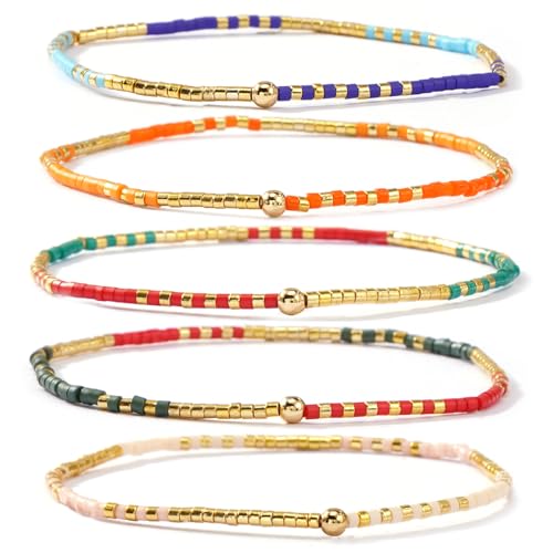 Gold Seed Beaded Stack Bracelets for Women,Handmade Stackable Stretch Colorful Ball Fall Jewelry Friendship Accessories Gift - color: 5pcs