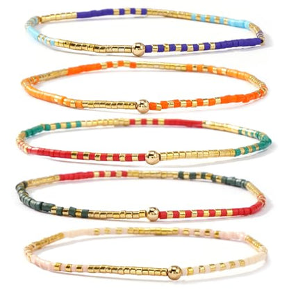 Gold Seed Beaded Stack Bracelets for Women,Handmade Stackable Stretch Colorful Ball Fall Jewelry Friendship Accessories Gift - color: 5pcs