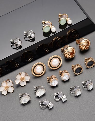Tornito 10-15 Pairs Clip on Stud Earrings Non Pierced Teardrop Round Square CZ Pearl Twist Knot Flower Butterfly Heart Star Rainbow Cat Opal Clip on Earrings for Women - color: G:10 Pairs